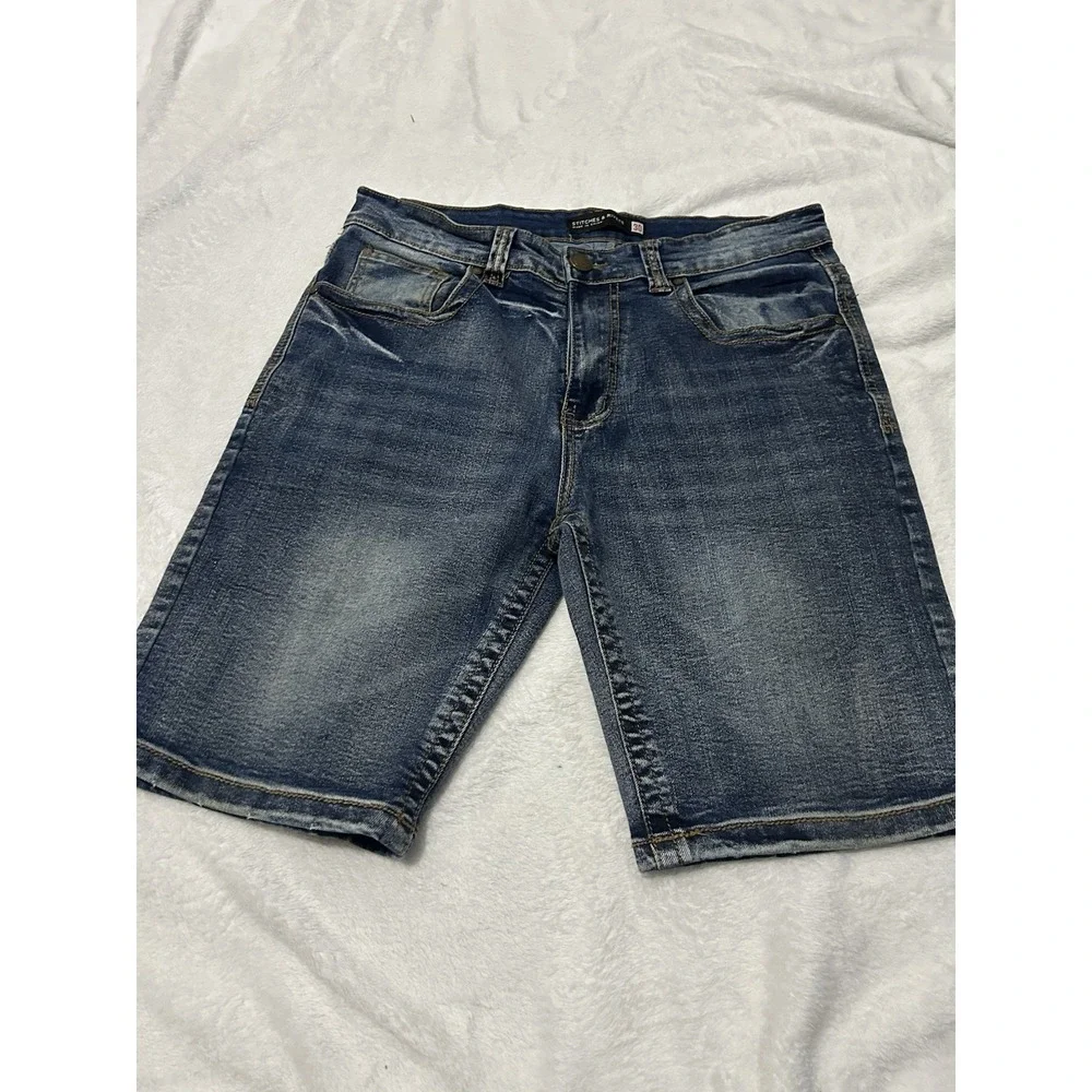 Stitches & Rivets Mens Denim Shorts Size 30 Medium Wash Embroidered Pockets Blue